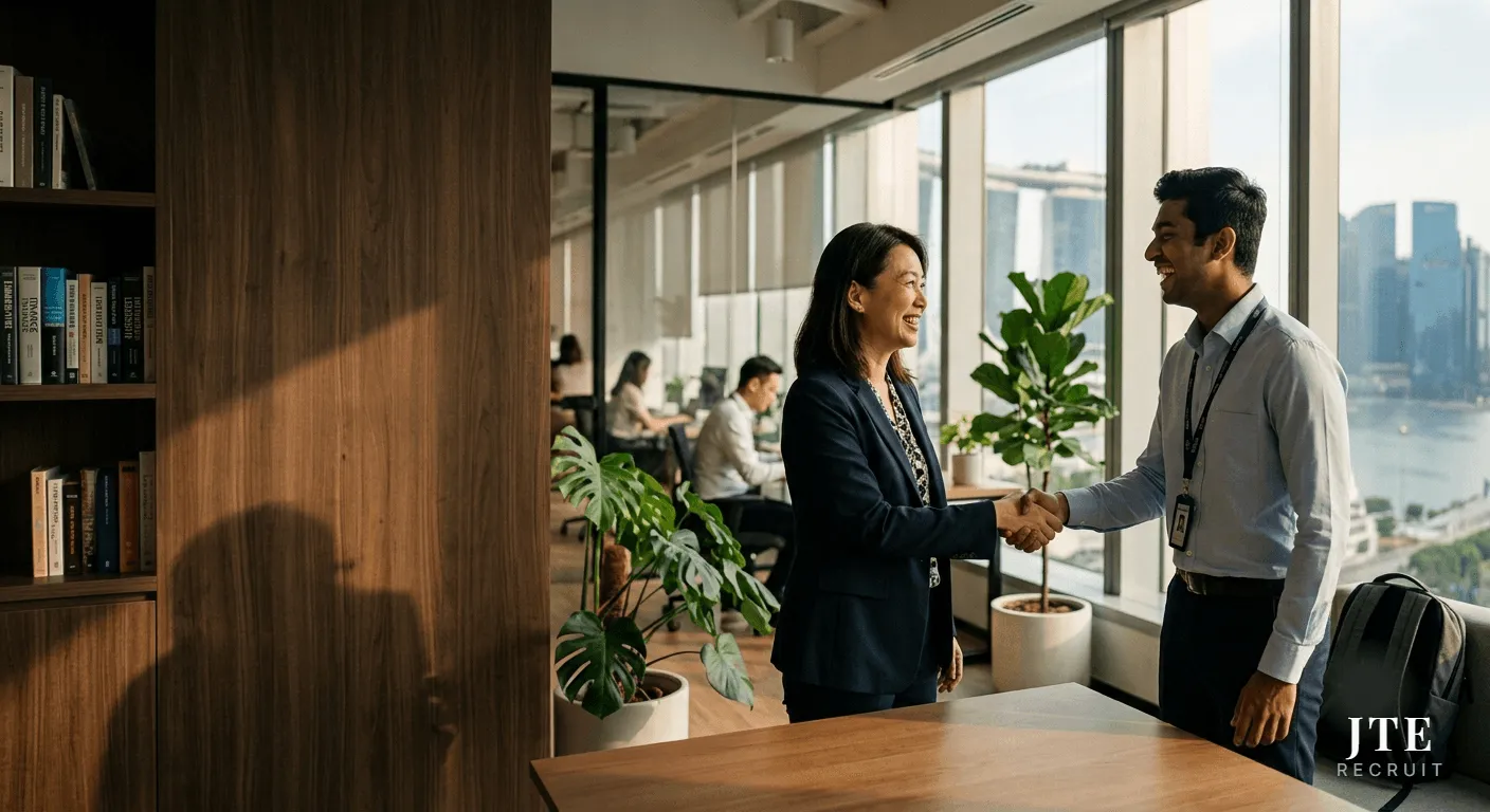 A hiring manager welcoming a new hire in a modern Singapore office — JTE Recruit, a recruitment agency for employers