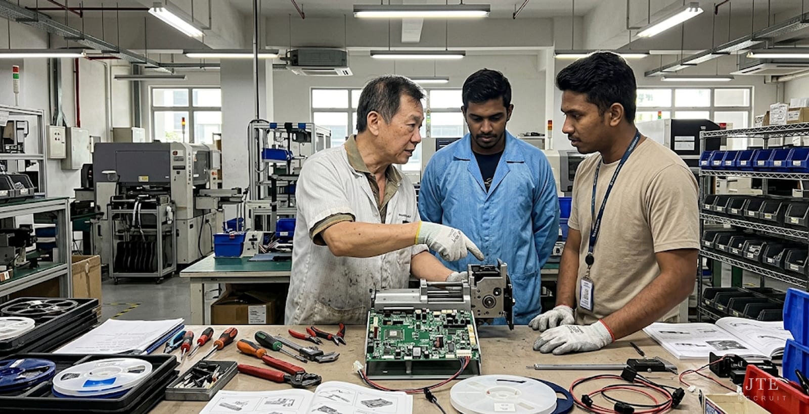 An experienced engineer showing a circuit board assembly to two younger colleagues on an electronics manufacturing floor in Singapore