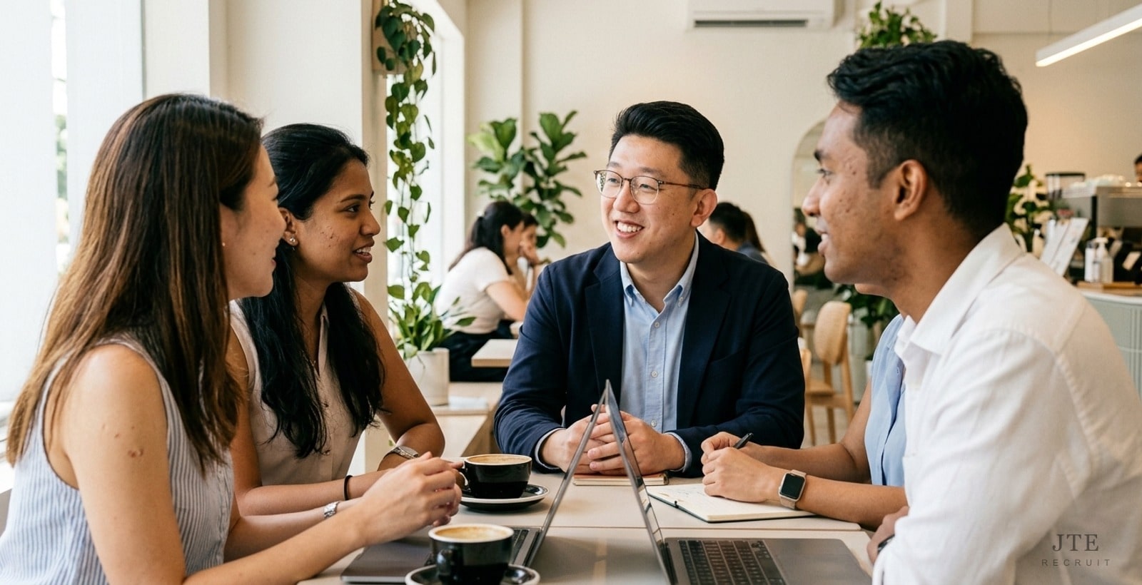 Eugene Teo of JTE Recruit in conversation with a group of clients over coffee in Singapore