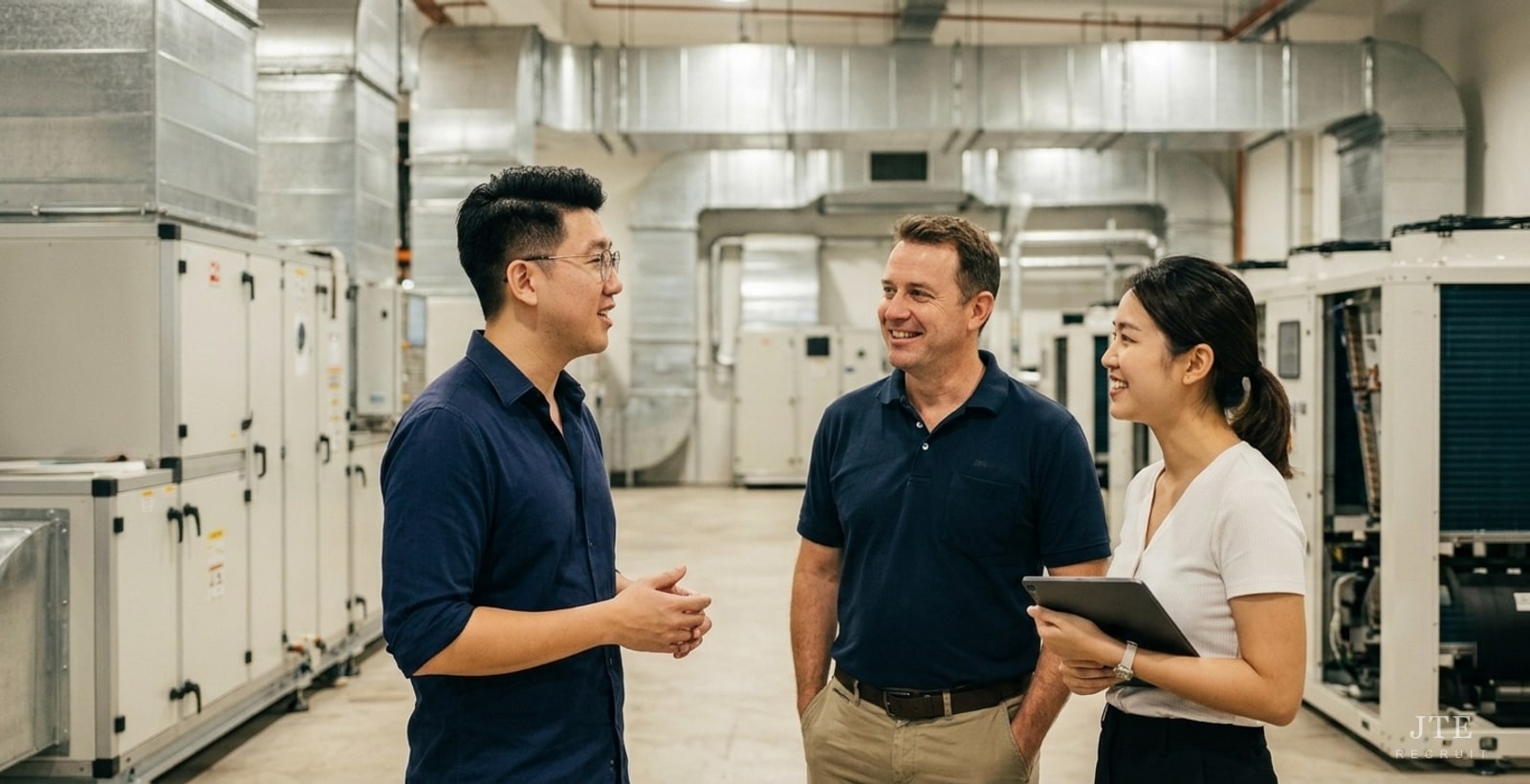 Eugene Teo talking with a hiring manager and an HR executive on an HVAC production floor in Singapore